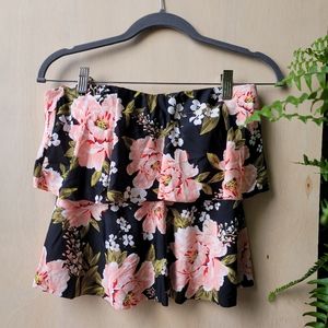 Kona Sol Strapless Floral Tankini, Medium, Black white and pink